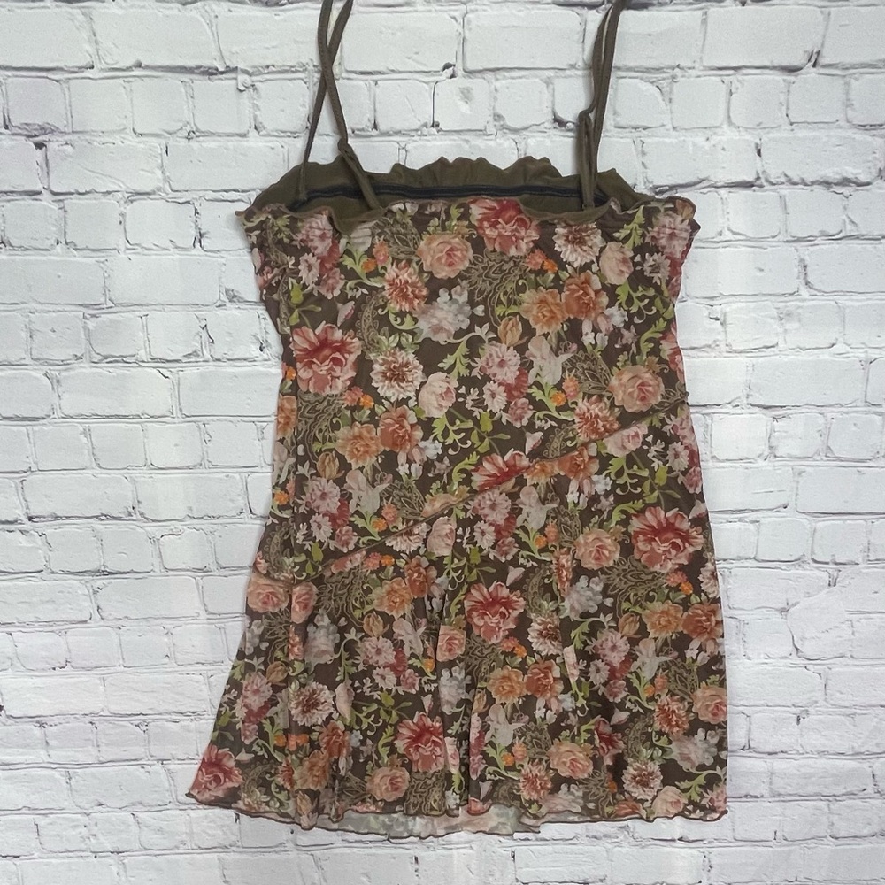 Vintage-Style Floral Mesh Mini Cami Dress - Lettuce Trim & Tiered Hem L - Picture 5 of 8